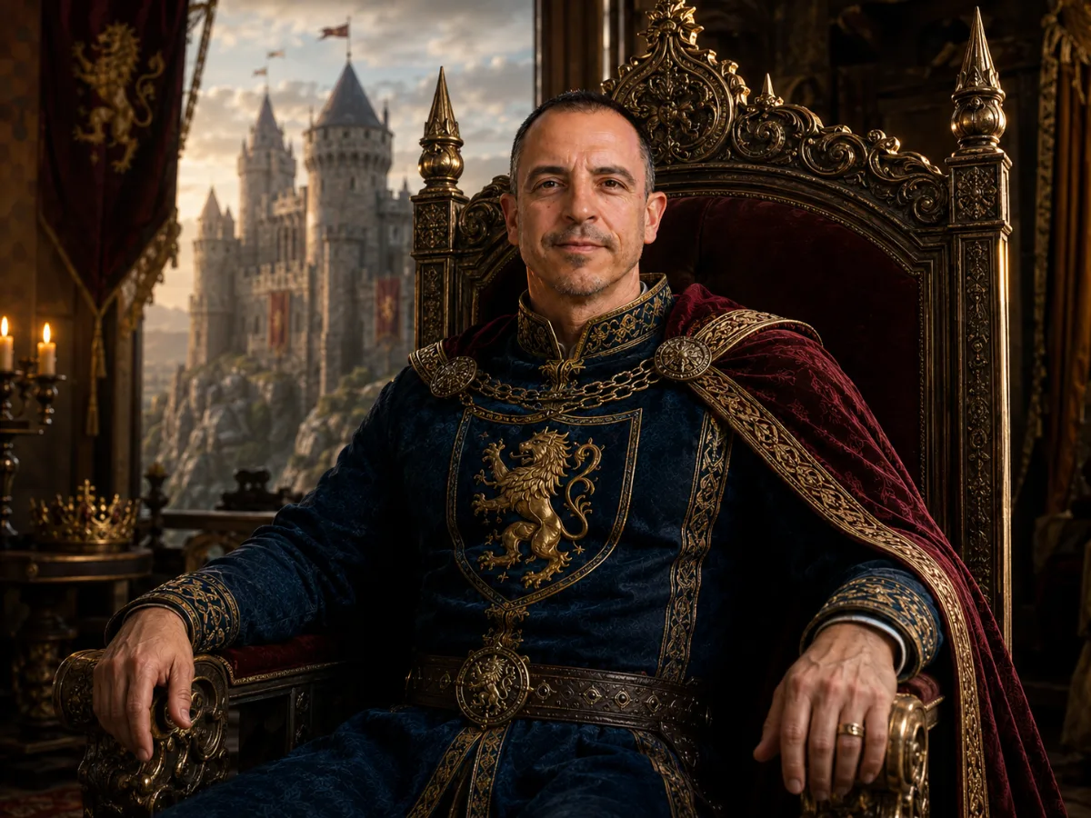 Roberto Menéndez como príncipe medieval generado con IA — ejemplo de consistencia de personajes